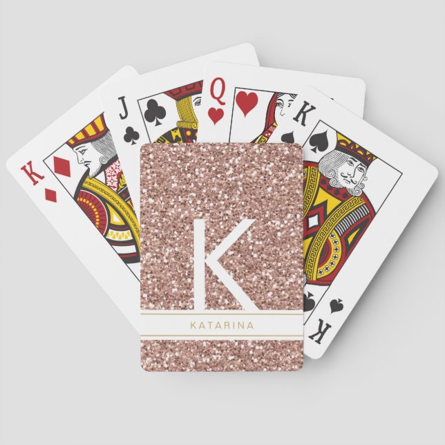 Modern Rose Gold Pink Glitter Monogram Initial Playing Cards (Back)