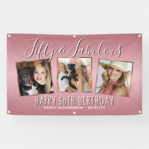 Modern Rose Gold Pink Photo Collage 50th Birthday Banner