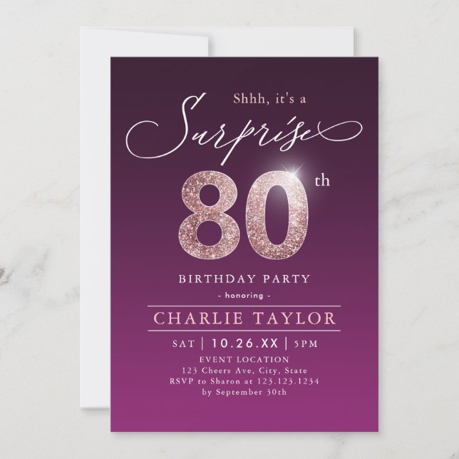 Modern rose gold purple surprise 80th birthday invitation (Front)