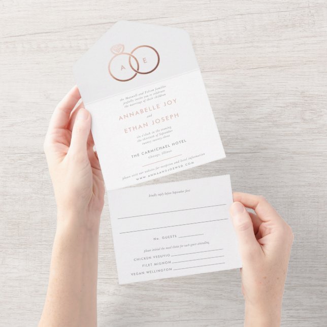 Modern Rose Gold Rings Blush Wedding All In One Invitation (Tearaway)