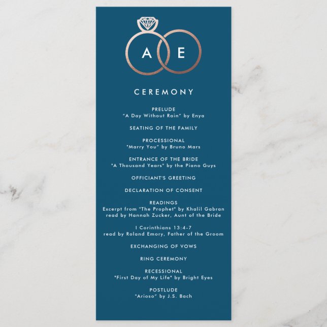 Modern Rose Gold Rings Custom Wedding Program (Front)