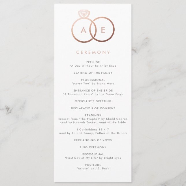 Modern Rose Gold Rings Custom Wedding Program (Front)