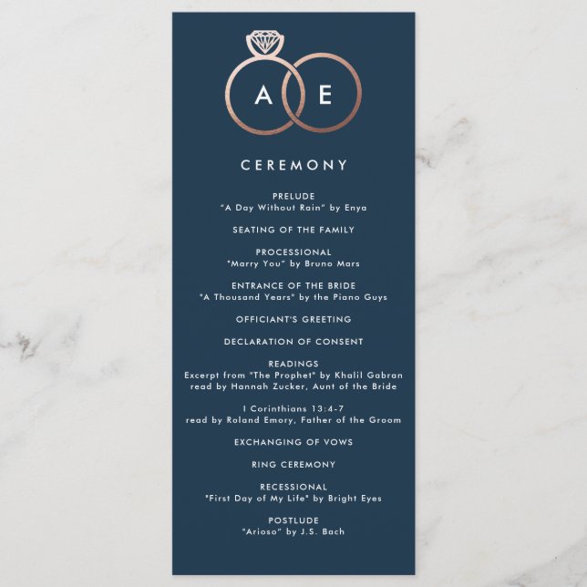 Modern Rose Gold Rings Navy Blue Wedding Program (Front)