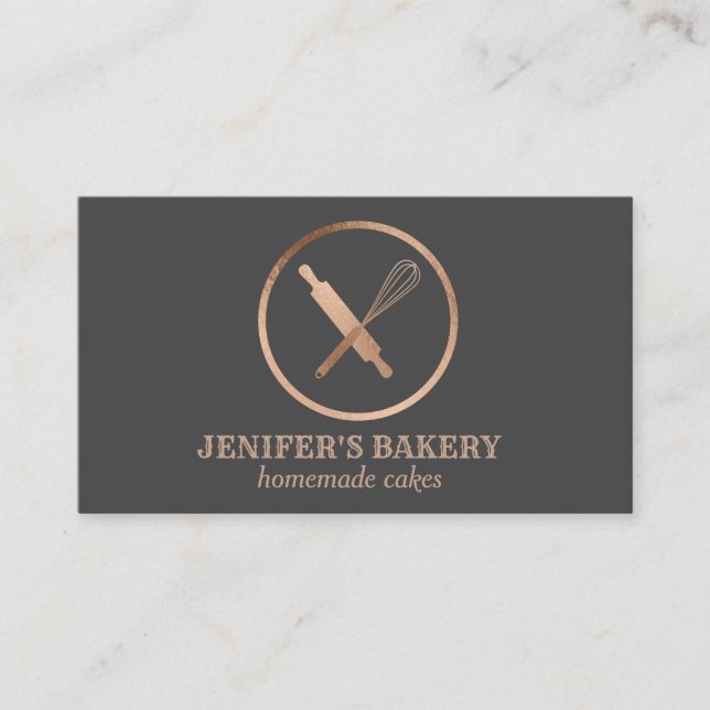 Modern rose gold rolling pin whisk chef bakery business card (Front)