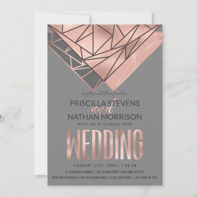 Modern Rose Gold Rose Gold Grey Geometric Wedding Invitation (Front)