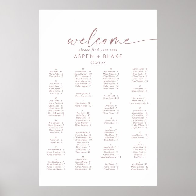 Modern Rose Gold Script Alphabetical Seating Chart (Front)