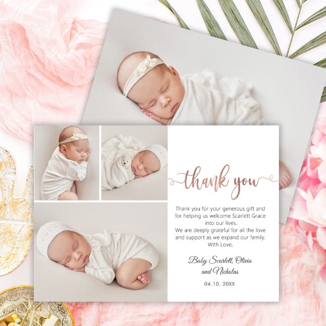 Modern Rose Gold Script Baby 3 Photo Collage Thank You Card (Creator Uploaded)