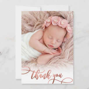 Modern Rose Gold Script Baby Girl Photo Thank You Card