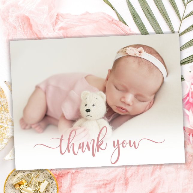 Modern Rose Gold Script Baby Photo Thank You  Postcard (Creator Uploaded)