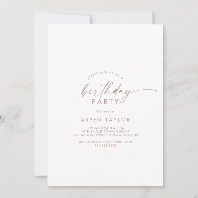 Modern Rose Gold Script Birthday Party Invitation (Front)