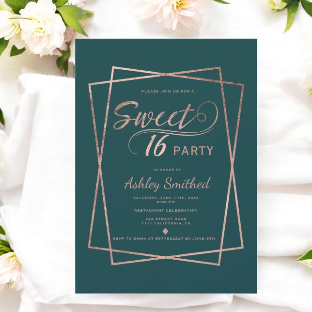 Modern rose gold script emerald green Sweet 16 Invitation (Modern rose gold script emerald green Sweet 16 Invitation)