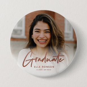 Modern Rose Gold Script Graduate Photo 7.5 Cm Round Badge
