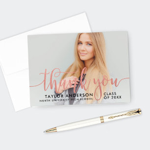 Modern Rose Gold Script Graduation Photo Thank You Card
