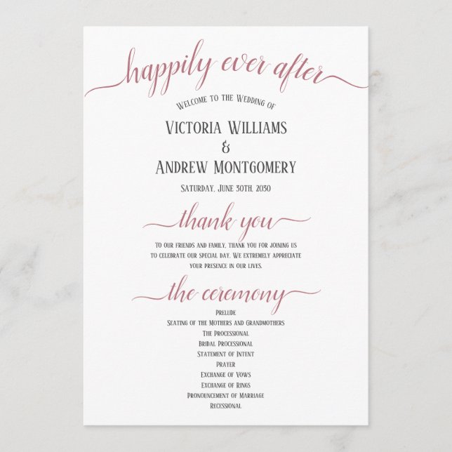 Modern Rose Gold Script Minimal Wedding Ceremony Program (Front)