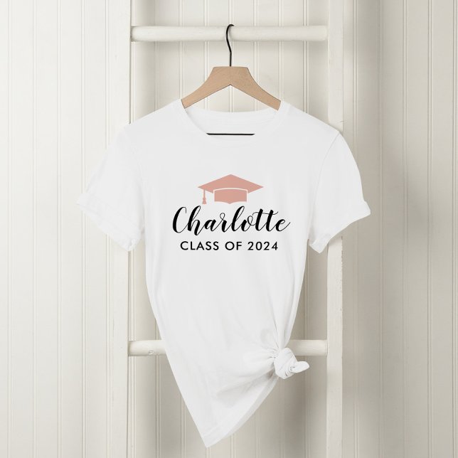 Modern Rose Gold Script Name Grad Cap 2026 T-Shirt (Creator Uploaded)