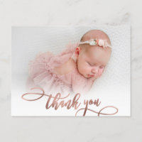 Modern Rose Gold Script New Baby Photo Thank You