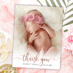 Modern Rose Gold Script Overlay text Baby Photo Thank You Card