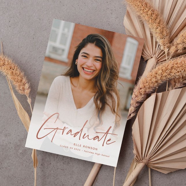 Modern Rose Gold Script Photo Graduation Announcement (Creator Uploaded)
