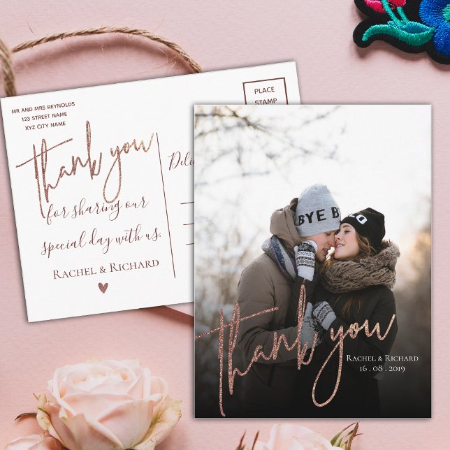 Modern Rose Gold Script Photo Wedding Thank You Postcard (Modern Rose Gold Script Photo Wedding Thank You Postcard)