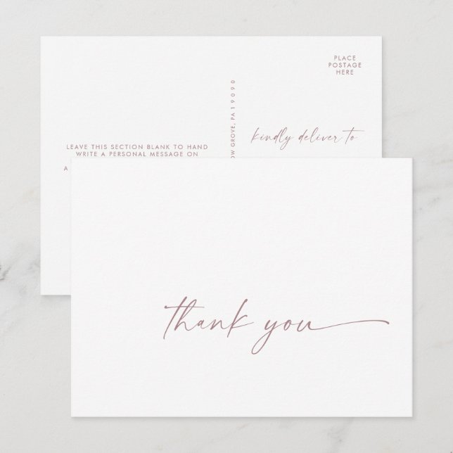 Modern Rose Gold Script Thank You Postcard (Front/Back)