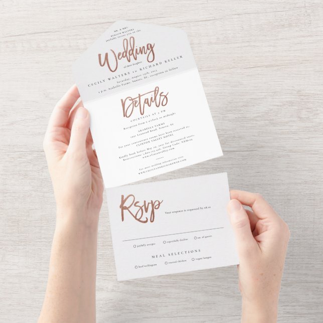 Modern rose gold script wedding all in one invitat invitation (Tearaway)
