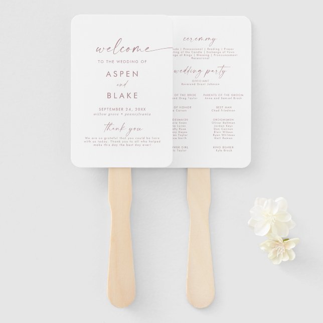 Modern Rose Gold Script Wedding Program Hand Fan (Front and Back)
