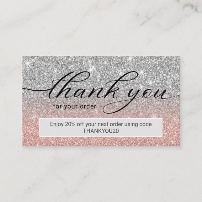 Modern Rose Gold Silver Glitter Business Thank You Card (Front)
