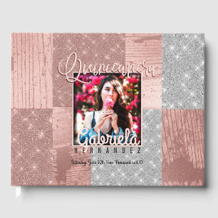 Modern Rose Gold Silver Glitter Photo Quinceañera Guest Book