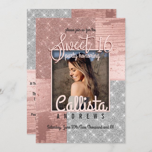 Modern Rose Gold Silver Glitter Photo Sweet 16 Invitation (Front/Back)
