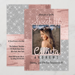 Modern Rose Gold Silver Glitter Photo Sweet 16 Invitation