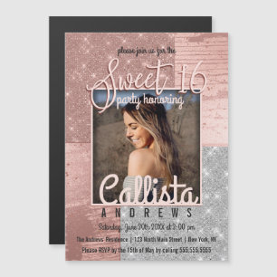 Modern Rose Gold Silver Glitter Photo Sweet 16 Magnetic Invitation