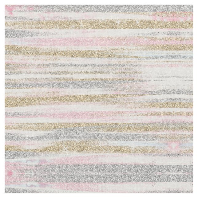 Modern Rose Gold Silver Glitter Strokes Stripes Fabric (Close Up)
