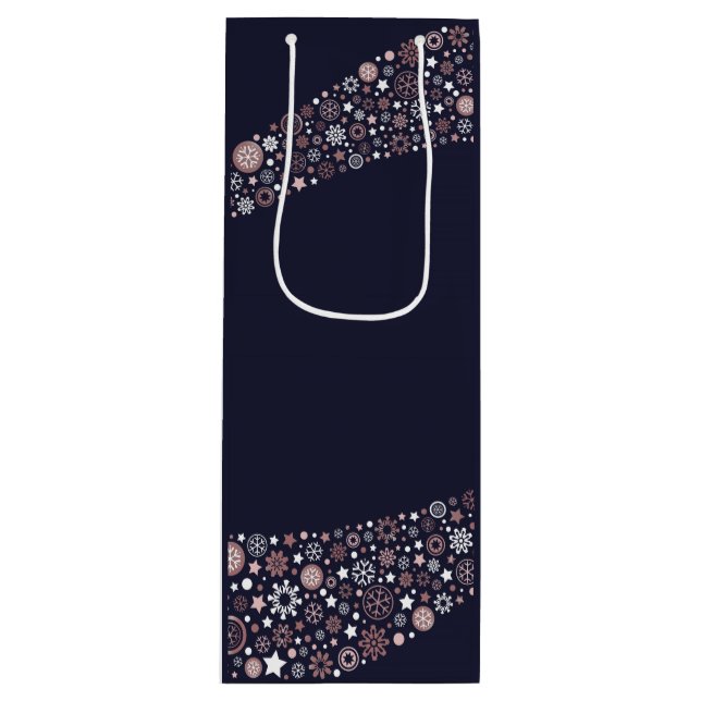 Modern rose gold snowflake waves in blue wine gift bag (Front)