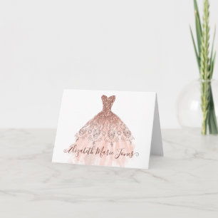 Modern Rose Gold Sparkle Pink Dress Girly Script Note Card