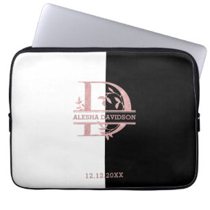 Modern Rose Gold Split Custom Monogram A, B, C, D Laptop Sleeve
