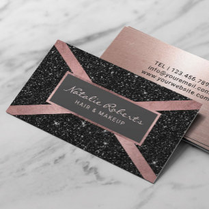 Modern Rose Gold Stripe Black Glitter Beauty Salon Business Card