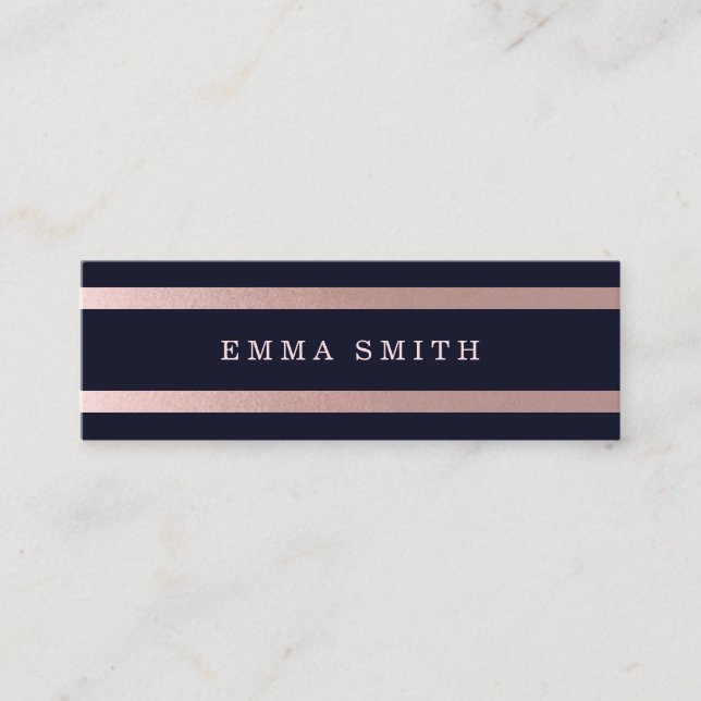 Modern Rose Gold Striped Chic Blue Elegant Luxury Mini Business Card (Front)