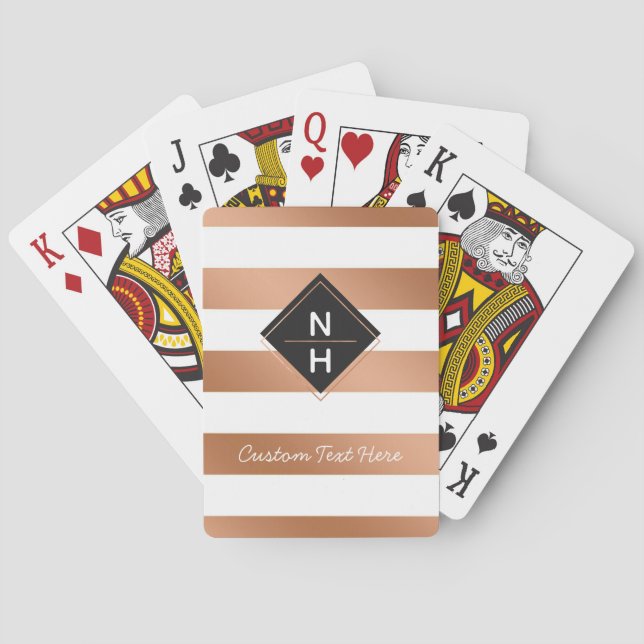Modern Rose Gold Stripes Simple Stacked Monogram Playing Cards (Back)