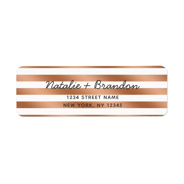 Modern Rose Gold Stripes Wedding Return Address Label (Front)