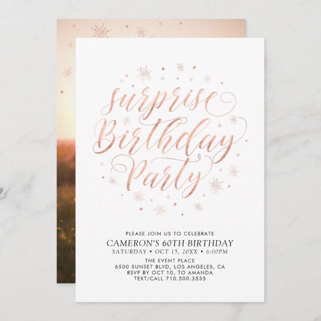 Modern Rose Gold Surprise Photo Birthday Party Invitation (Front/Back)
