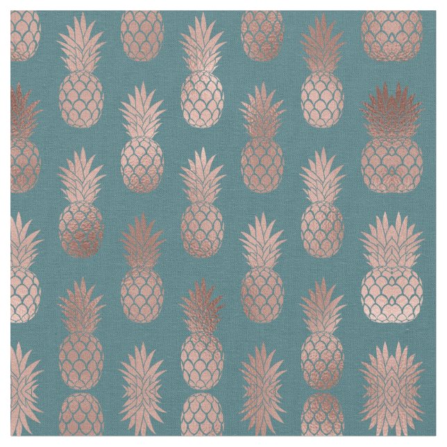 Modern Rose Gold Teal Green Pineapple Pattern Fabric (Close Up)