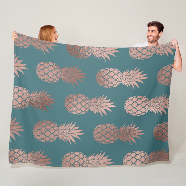 Modern Rose Gold Teal Green Pineapple Pattern Fleece Blanket (In Situ)