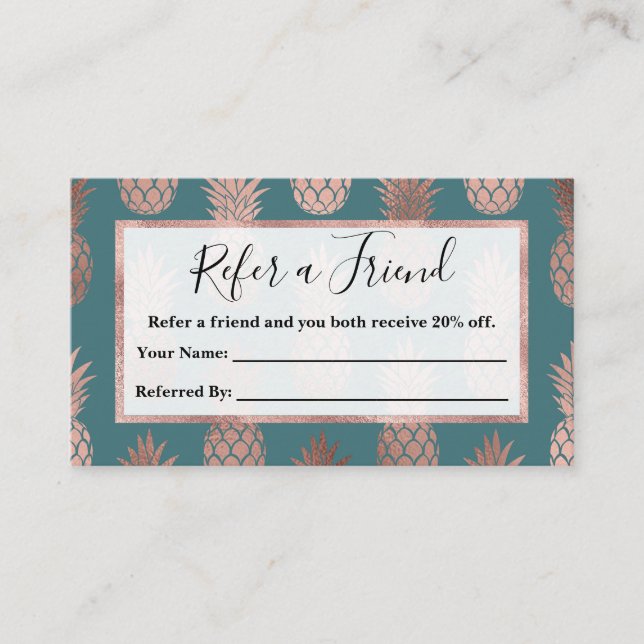 Modern Rose Gold Teal Green Pineapple Pattern Referral Card (Front)