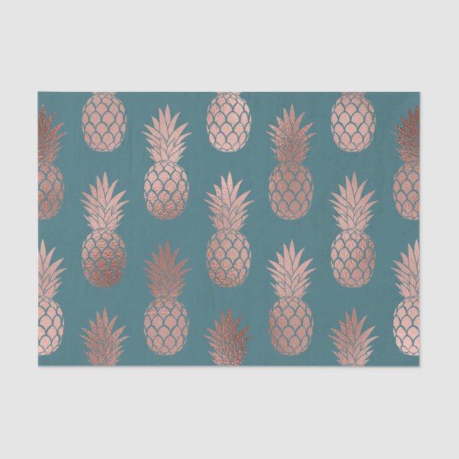 Modern Rose Gold Teal Green Pineapple Pattern Tissue Paper (Front)