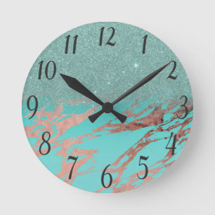 Modern Rose Gold Teal Marble Glitter Gradient Round Clock