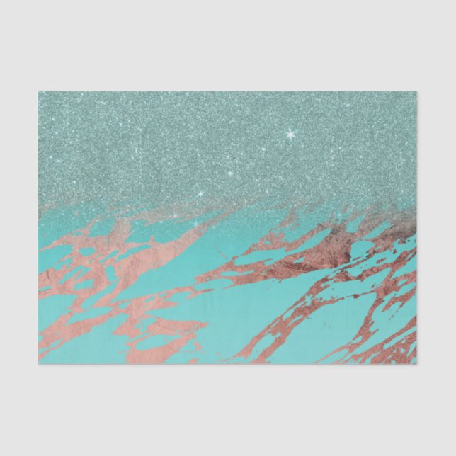 Modern Rose Gold Teal Marble Glitter Gradient Tissue Paper (Front)