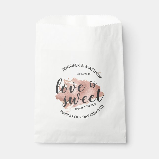 Modern Rose Gold Texture Love is Sweet Wedding Favour Bag (Front)