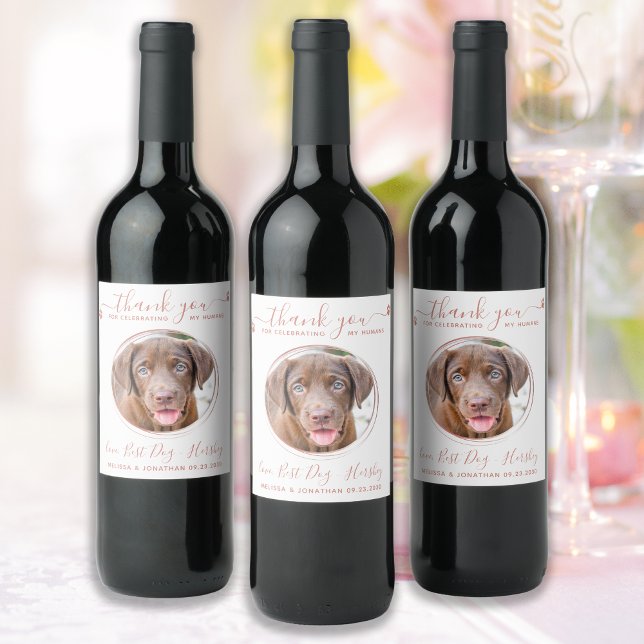 Modern Rose Gold Thank You Dog Photo Pet Wedding Wine Label (Creator Uploaded)