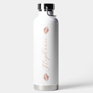 Modern Rose Gold Tropical Leaf with Name Water Bottle