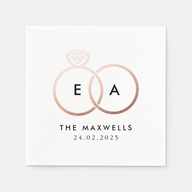 Modern Rose Gold Wedding Rings Cocktail Napkin (Front)